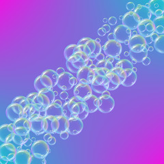 Shampoo foam on trendy gradient background. Colorful realistic bubbles with rainbow reflection. Liquid cleaning soap foam for bath and shower. Blowing soap bubble spray for washing flyer design