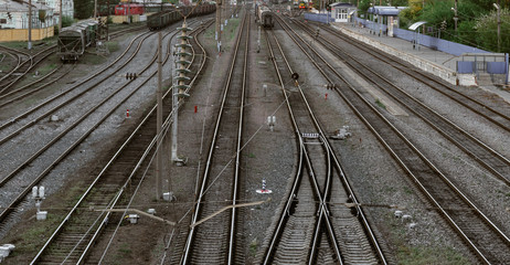 Fototapeta na wymiar Many railroad track, aerial view of railroad station platform
