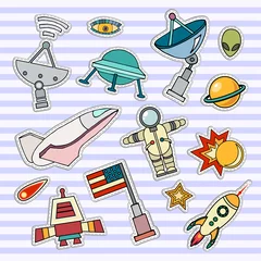 Poster Im Rahmen Space patch badges. Vector template illustration. Moon, planet, rocket, earth, cosmonaut comet universe Classification milky way Cosmos © lubashka