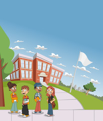 Fototapeta na wymiar Cartoon students in front of school building.
