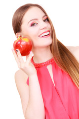 Woman charming girl colorful makeup holds apple fruit