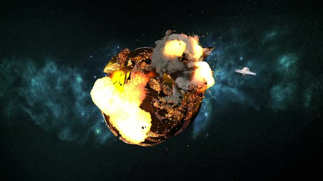 Planet Earth is hit by a laser bolt fired by a UFO Flying Saucer type of craft and explodes with large debris, fire flames, smoke and magma. Comes with the Alpha Matte.