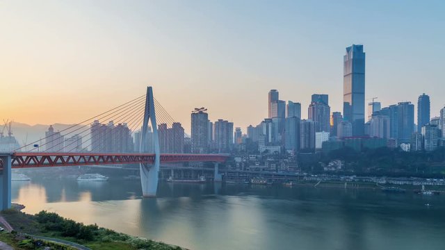 Sunrise. Chongqing city skyline. Time lapse.