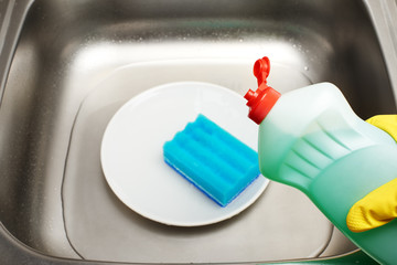 Kitchen sink with water, plate, blue cleaning sponge, detergent