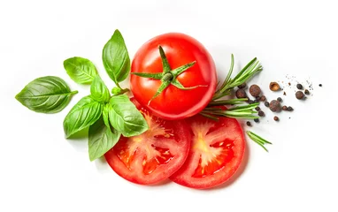 Photo sur Aluminium Aromatique tomate fraîche, herbes et épices