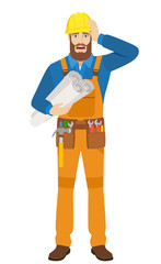 Worker holding the project plans and grabbed his head
