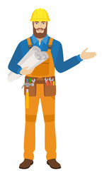 Worker holding the project plans and showing something beside of him