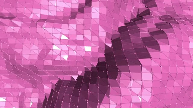 Rosy or pink low poly surface as landscape or terrain. Polygonal digital mosaic red environment or background with moving in cartoon low poly popular modern stylish 3D design..