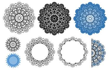 Vector mandala collection in black and blue colors. Zen mandala for your design, greeting card, coloring book.