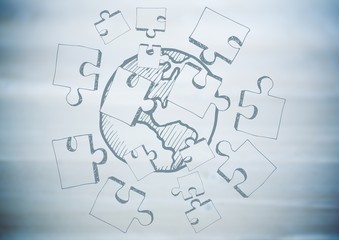 Blurry blue wood panel with jigsaw doodle