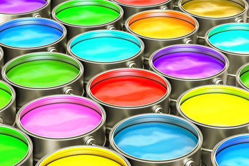 Paint cans closeup background. 3D rendering