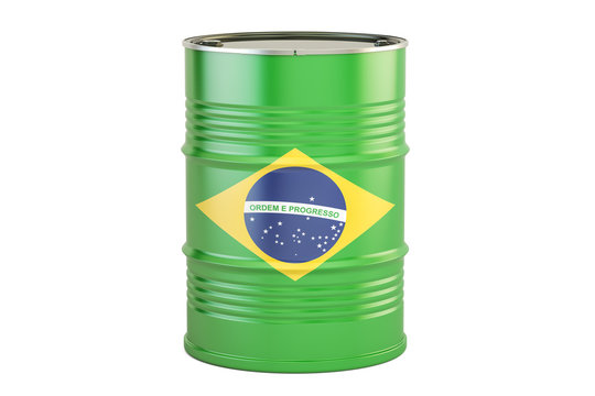 Oil barrel with flag of Brazil. Oil production and trade concept, 3D rendering