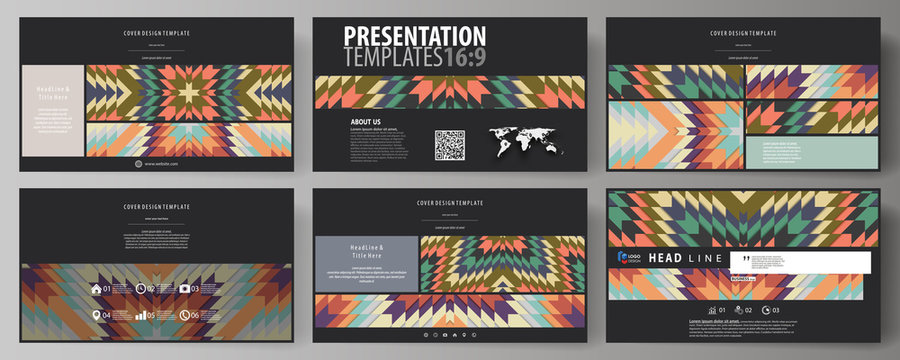 Business templates in HD format for presentation slides. Abstract vector layouts in flat design. Tribal pattern, geometrical ornament in ethno syle, ethnic hipster backdrop, vintage fashion background