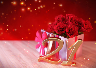 birthday concept with red roses in the gift on wooden desk. twenty-first. 21st. 3D render