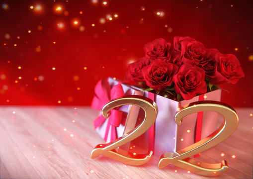 birthday concept with red roses in the gift on wooden desk. twenty-second. 22nd. 3D render