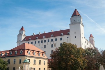 Bratislava Castle (Bratislavsky hrad) - Rectangular building with four corner towers stands on hill above Danube River. Bratislava is the capital town of Slovakia