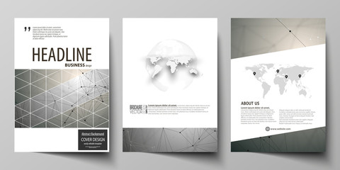 Business templates for brochure, magazine, flyer, booklet. Cover design template, flat layout in A4 size. Chemistry pattern, molecule structure on gray background. Science and technology concept.