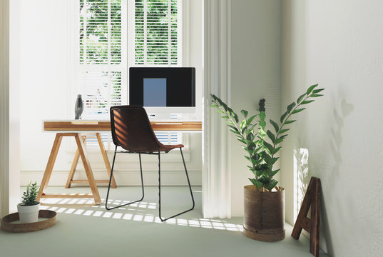 Monochromatic white home office interior