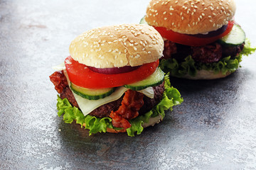 fresh tasty burger on grey background