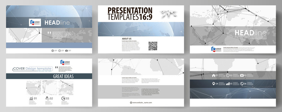 The minimalistic abstract vector illustration of the editable layout of high definition presentation slides design business templates. World globe on blue. Global network connections, lines and dots.