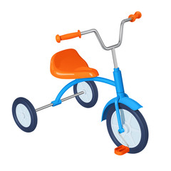 Детский трехколесный велосипед с голубой рамой, оранжевым сидением, педалями и рулем, изолированный на белом фоне