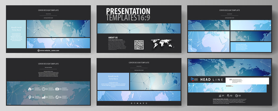 The black colored minimalistic vector illustration of the editable layout of high definition presentation slides design templates. World map on blue, geometric technology design, polygonal texture.