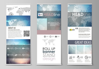 The minimalistic vector illustration of editable layout of roll up banner stands, vertical flyers, flags design business templates. Polygonal geometric linear texture. Global network, dig data concept