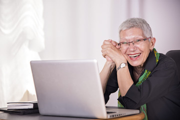 Portrait of a happy senior business woman working on her laptop