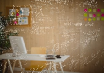 White math doodles and blurry office