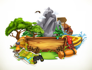 Camping and adventure, 3d vector illustration