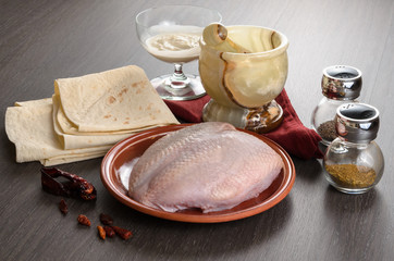Shaurma ingredients composition on wooden background
