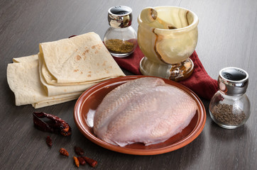 Shaurma ingredients composition on wooden background