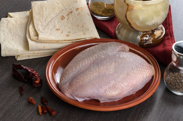 Shaurma ingredients composition on wooden background