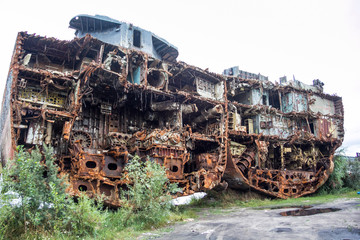Rusty Russian sunken warship Indomitable (Neukrotimiy) raised from the bottom and cut to scrap metal