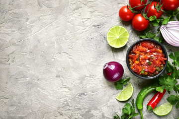Ingredients for making tomato salsa (salsa roja).Top view with copy space. - obrazy, fototapety, plakaty