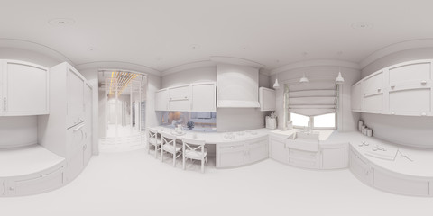 3d illustration of the kitchen interior design in Scandinavian classical style. Interior without textures and materials. Visualization 360 degree spherical seamless panorama for virtual reality. 
