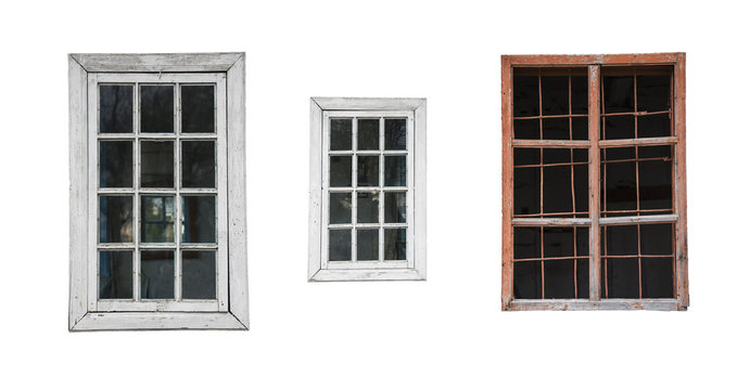 Three old windows on white background, isolated