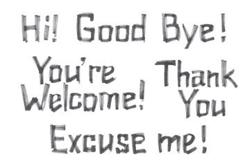 Fototapeta premium Set of hand drawn slogans in grayscale. Lettering. Commonly used phrases and greetings by hand in marker drawn style.