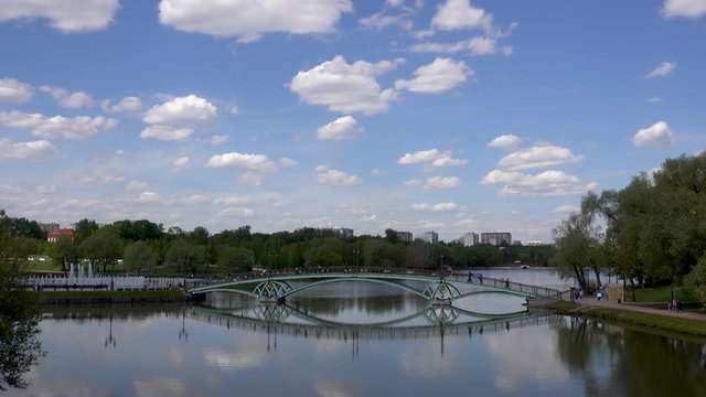 Pond in the park. Bridge view. Sredniy Tsaritsynskiy prud. Tsaritsyno Park, Moscow, Russia. 4k rela time video