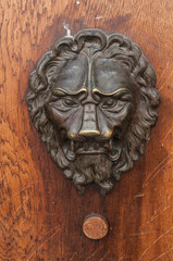 détail porte ancienne en bois avec un lion en bronze