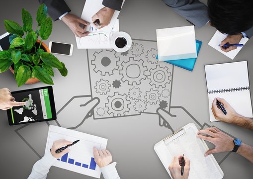 Overhead of business team with grey background