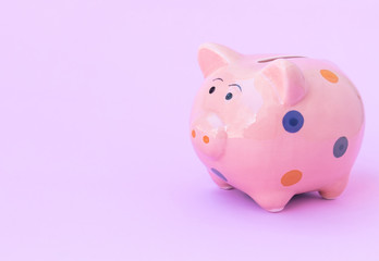 Pink ceramic piggy bank on pink background