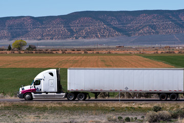 White simi truck and trailer on the nature background