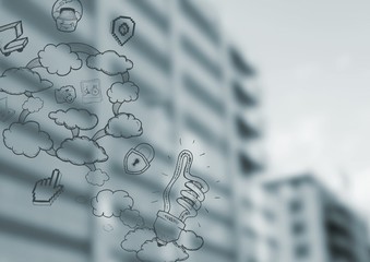 Blurry buildings with cloud doodles