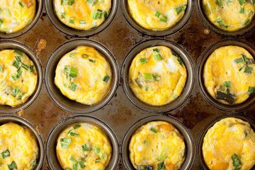  
Tin Muffin Pan of cooked Egg Muffin Cups close up view 

