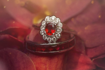red gemstone ring on rose