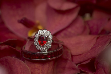 red gemstone ring on rose
