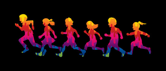 Little boy and girl running, Group of Children running, play together designed using melting colors graphic vector