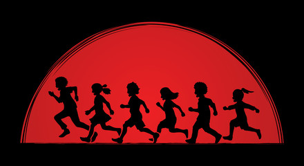 Little boy and girl running, Group of Children running, play together designed on sunlight background graphic vector