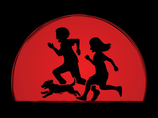 Fototapeta na wymiar Little boy and girl running together with puppy dog on sunlight background graphic vector